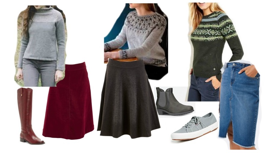 how to wear patterned jumpers with skirts for inverted triangle shape